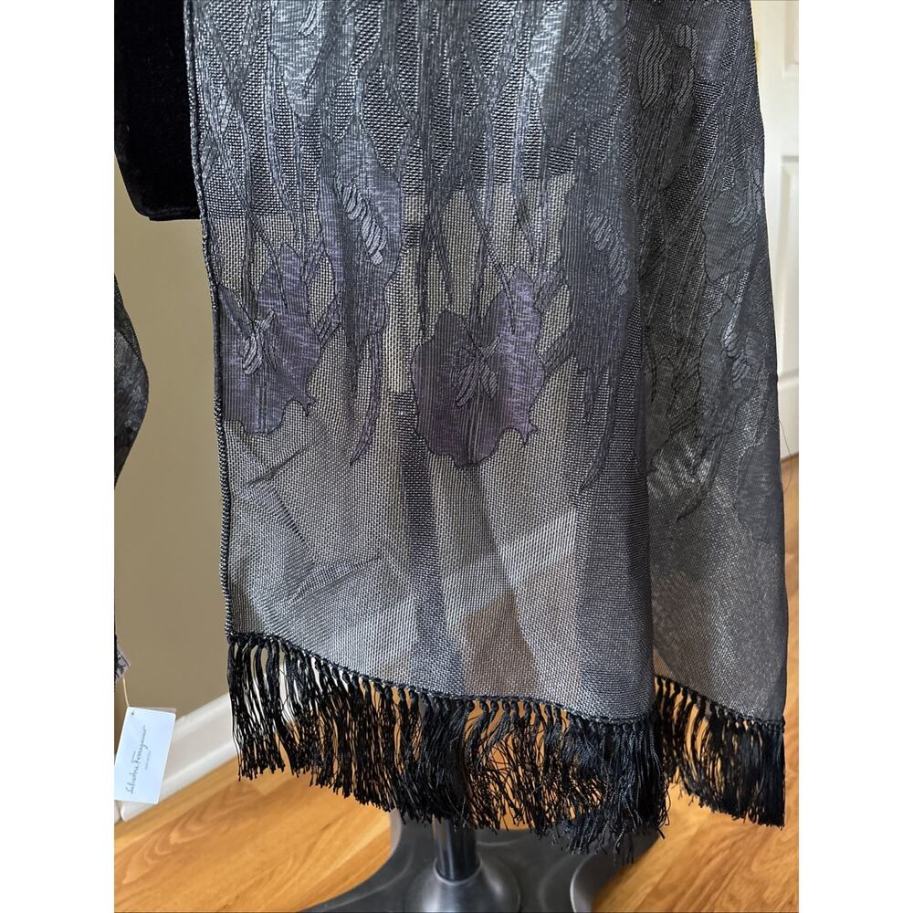 Salvatore Ferragamo Scarf Shawl Wrap Head Covering Black silver silk blend 80X26 - Picture 5 of 15